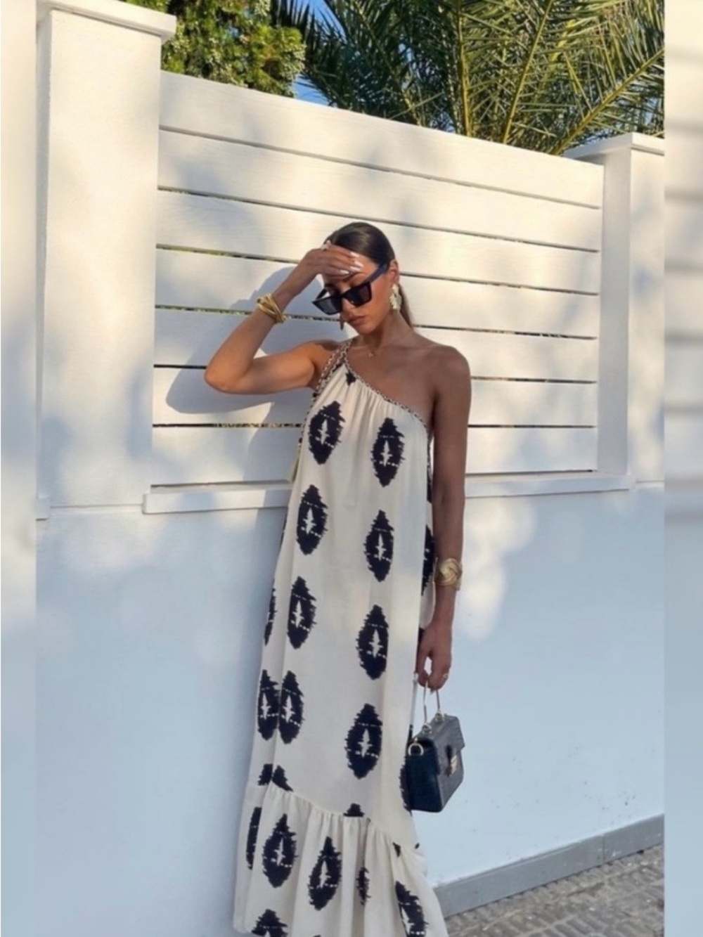 Zara One-Shoulder Cream Maxi Dress with Black Ikat Motif